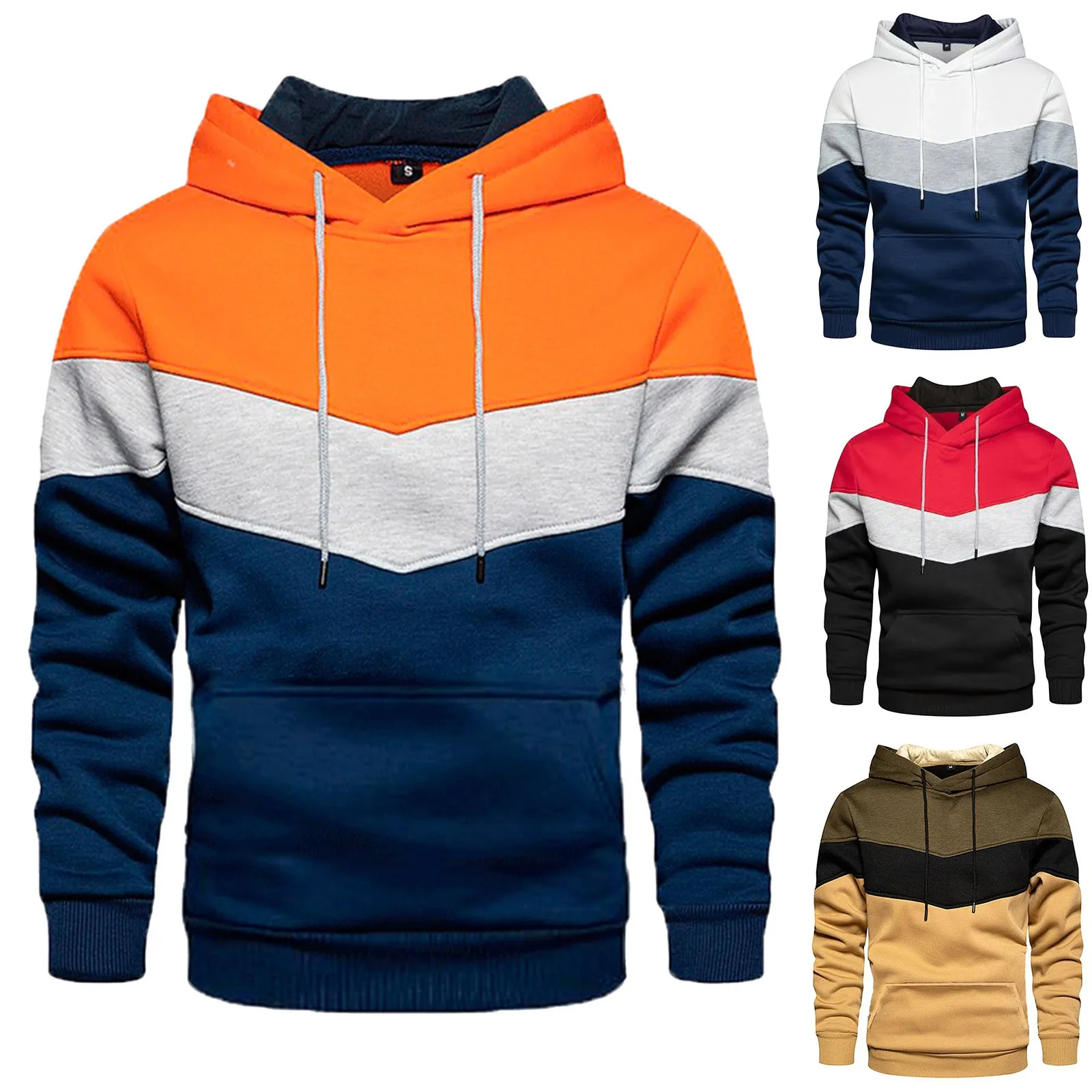 

2024 Men's Patchwork Hoodie Outdoor Casual Warm Sportswear Street Fashion Fleece Thermal Hooded Sweatshirt Autumn Winter Hoodies