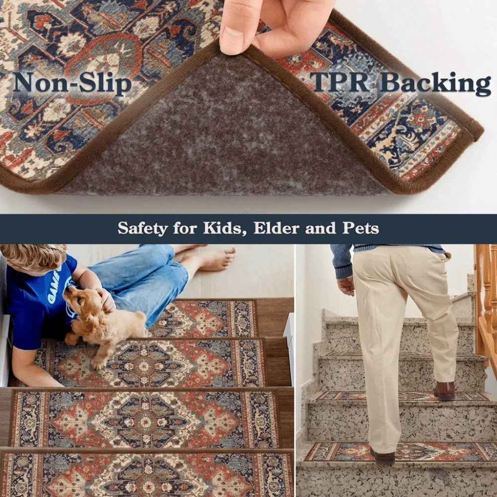 Trendy Non-Slip Stair Treads 8x30 Inch Self-adhesive Carpet Washable TPR Backing Stair Mats for Most Steps