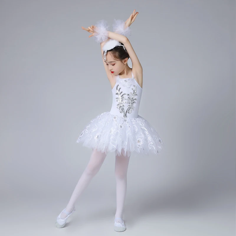 Girls Ballerina Party Costume Sequined Flower Ballet Dance Dress Dancewear Gymnastic Leotard For Kids Ballet Tutu Dress White