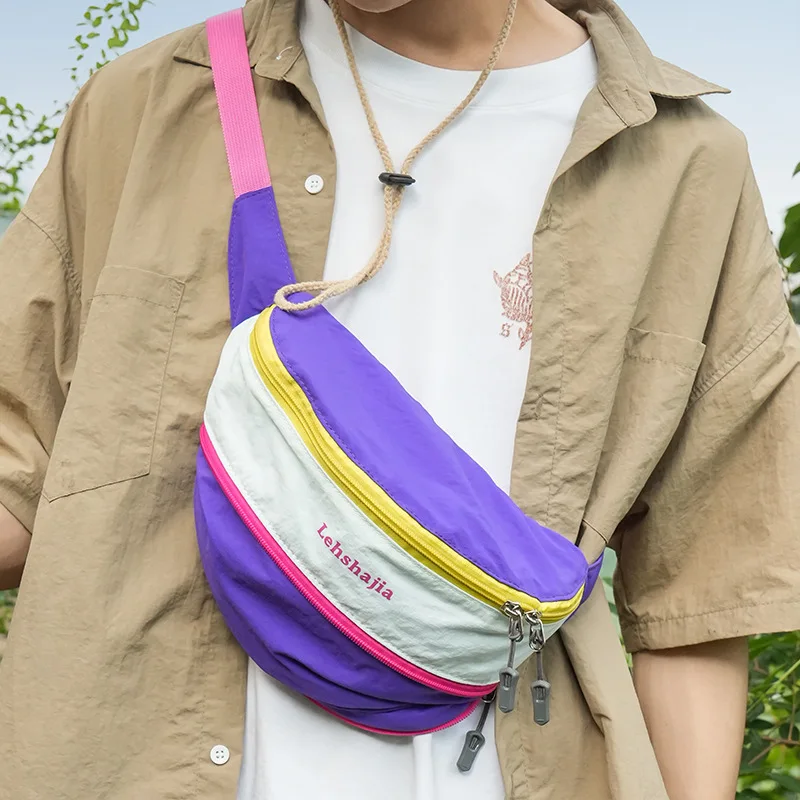 Tas Pinggang Olahraga Luar Ruangan Nilon Tahan Air Musim Panas Baru dengan Tas Selempang Warna Kontras untuk Pria dan Wanita
