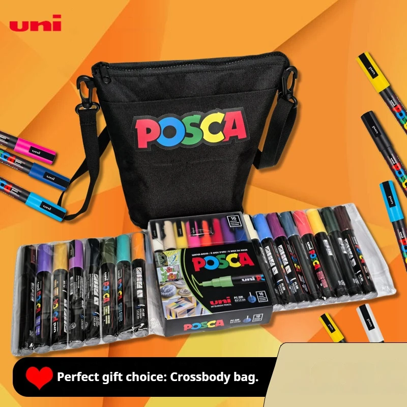 uni-posca-acrylic-markers-multi-colors-set-with-crossbody-bag-high-coverage-rock-glass-fabric-diy-japanese-stationery-marcadores