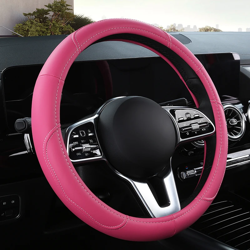 Car Anti-Slip Leather Steering Wheel Cover Universal Car Steering Wheel Protective Cover Fashion Style 38cm Pink