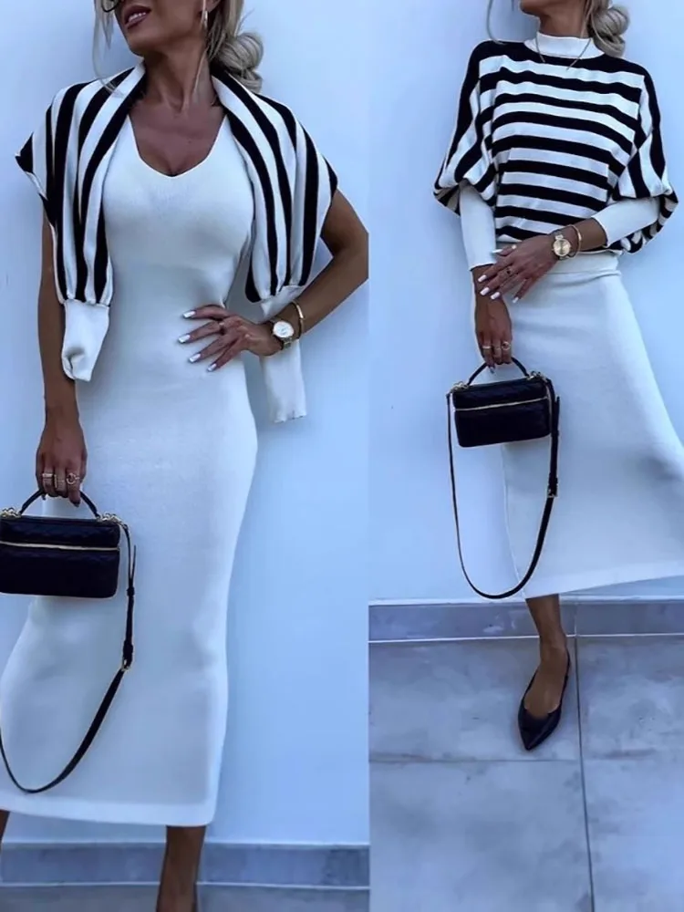 

Новинка 2023 года, осенний полосатый свободный пуловер, женский костюм, сексуальное платье без рукавов с v-образным вырезом, комплект из двух предметов, повседневная вязаная облегающая одежда