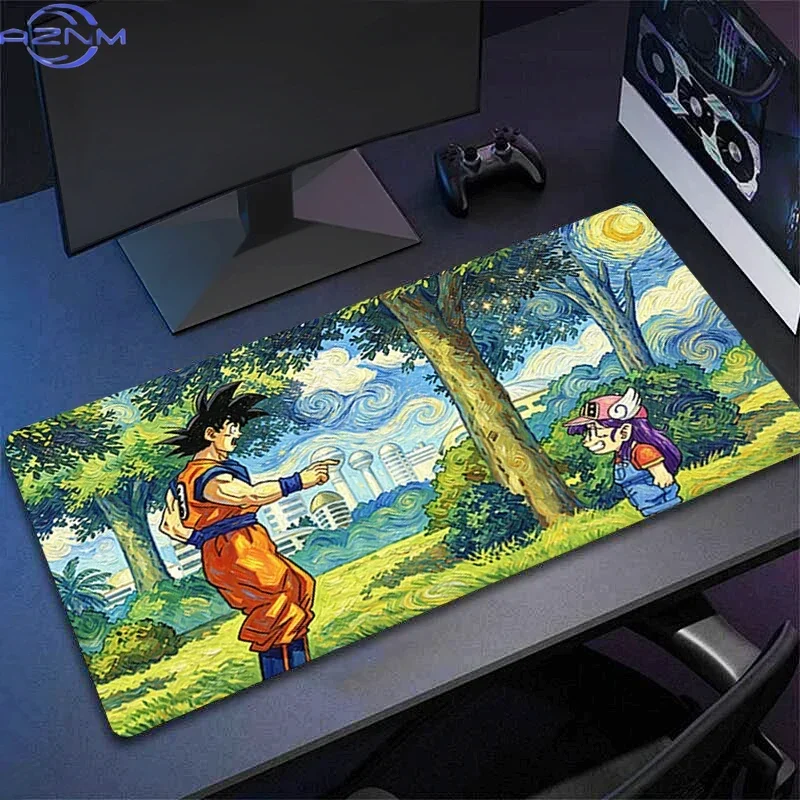 Oil Painting Style Anime Two Characters In Lush Green Meadow Mouse Pad, Rubber Non-Slip Base, Smooth Fabric Gaming Desk Mat for