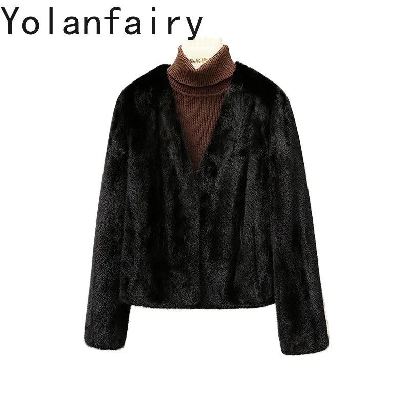 

YOLANFAIRY Real Fur Coat Woman Luxury Winter High Quality Whole Mink Fur Jacket for Women Short Black Fur Coats V-neck Chaquetas