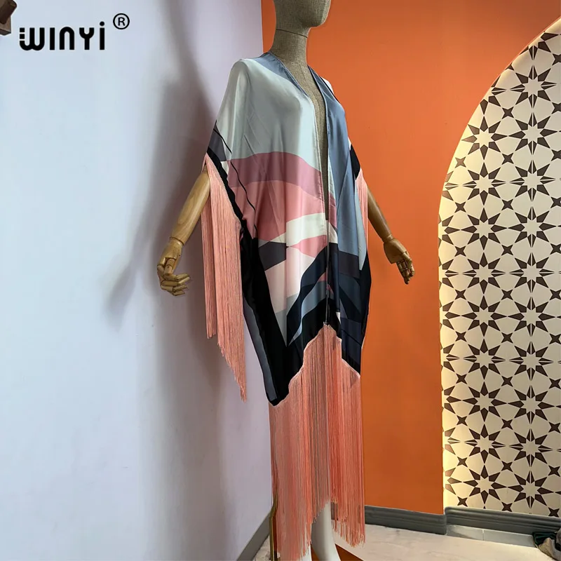 WINYI kimono cover-up nieuwe zomer boho print Bikini Cover-up Elegante mode Vest sexy Vakantie lange Mouw kwastjes maxi jurk