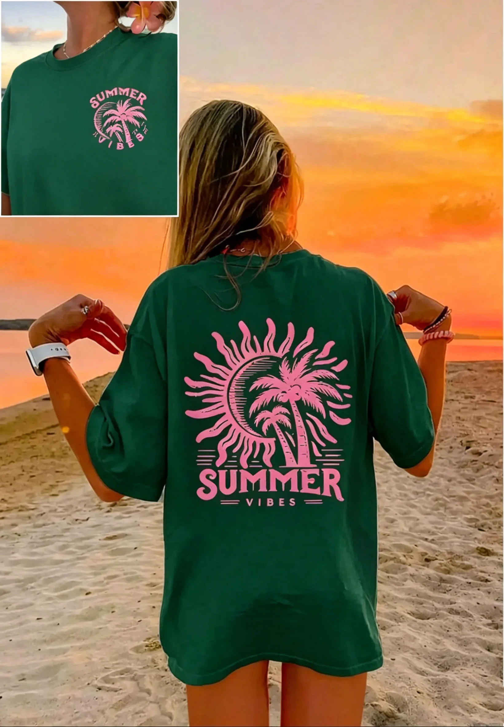 Bohemian Summer Atmosphere Sunshine Palm Tree Double Sided Printed Women's Round Neck Short Sleeved Vacation T-shirt