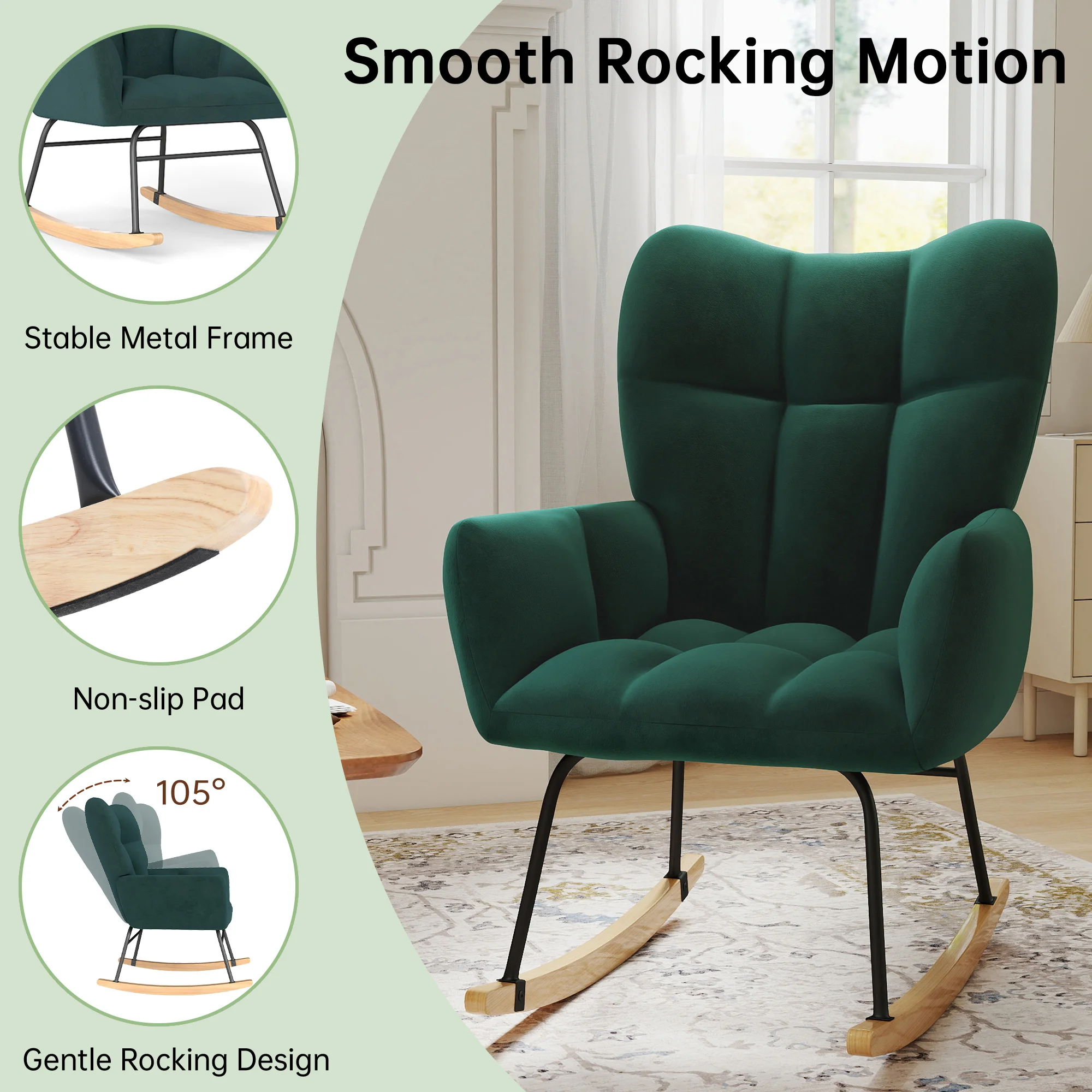 TUAREX High Back Nursery Rocking Chair, Modern Upholstered Glider Rocker, Comfy Indoor Accent Armchair for Bedroom Living Room