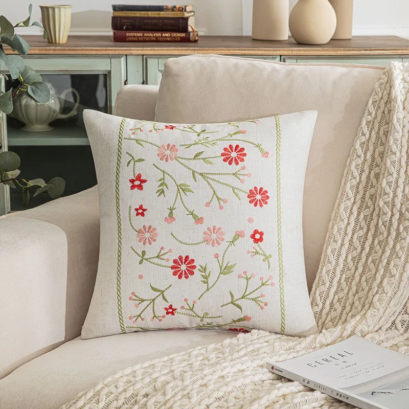 

Peach Skin 2D Printed Floral Cushion Cover Red Pink Flower Embroidery Style Pillowcase for Sofa Living Room Farmhouse Home Decor
