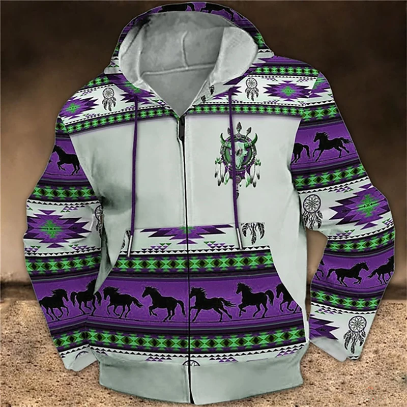 Vintage Ethnic Style Zipper Hoodies Geometric Horse 3D Print Men's Hooded Sweatshirts Oversized Tracksuit Kids Coats Clothing