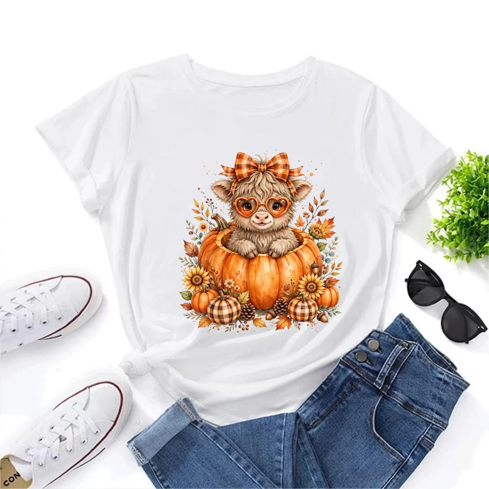 Cute Highland Cow Pumpkin Graphic T-Shirt Women Fall Autumn Harvest Print Tee Short Sleeve O-Neck Harajuku Fashion Outfits Tops
