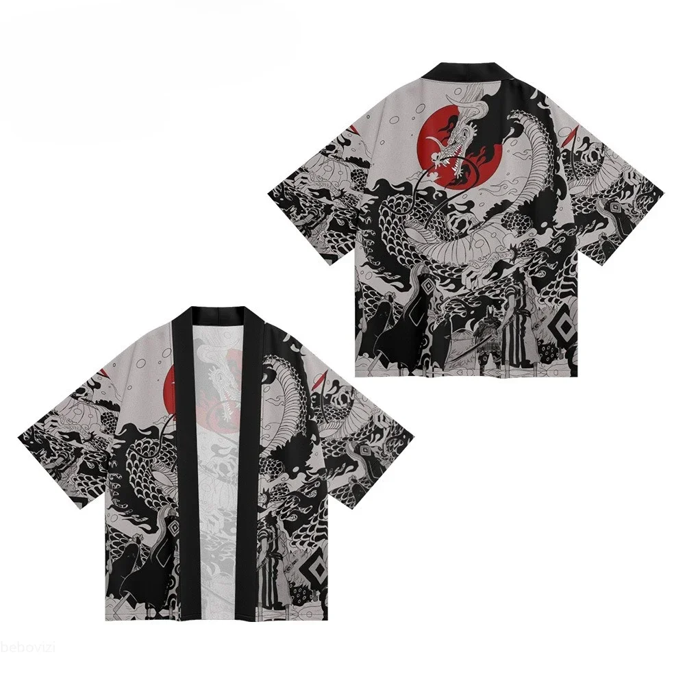 سترة الشارع الشهير للرجال والنساء Haori 2025 تصميم جديد لموجات رامين مطبوعة كيمونو يوكاتا ملابس الشاطئ اليابانية رداء حجم كبير