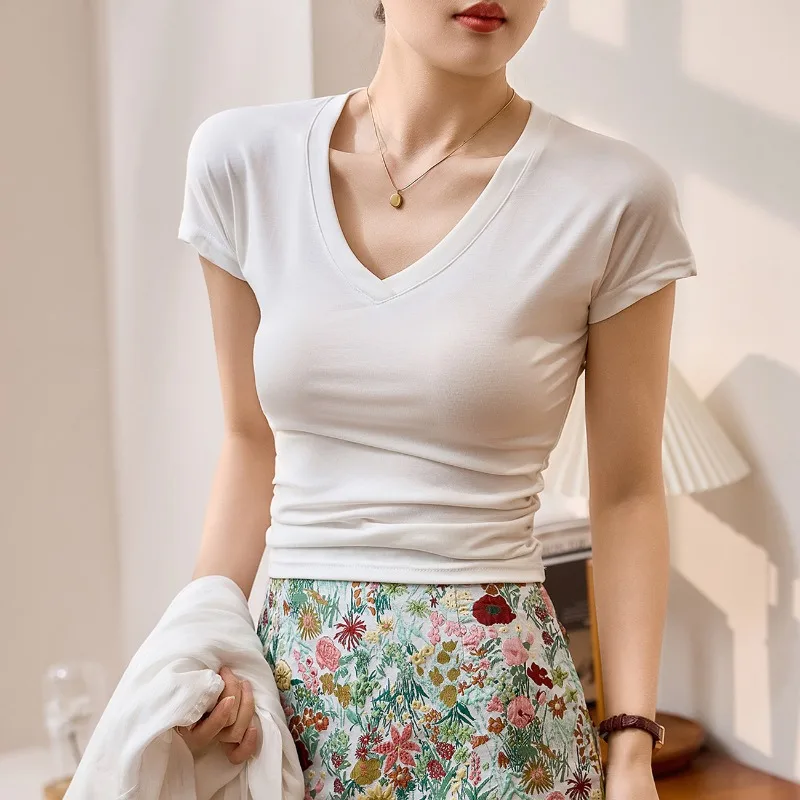 

Tencel ребристая футболка из лиоцелловой ткани с рукавами и плиссированным поясом, женская летняя тонкая дышащая футболка с короткими рукавами и v-образным вырезом