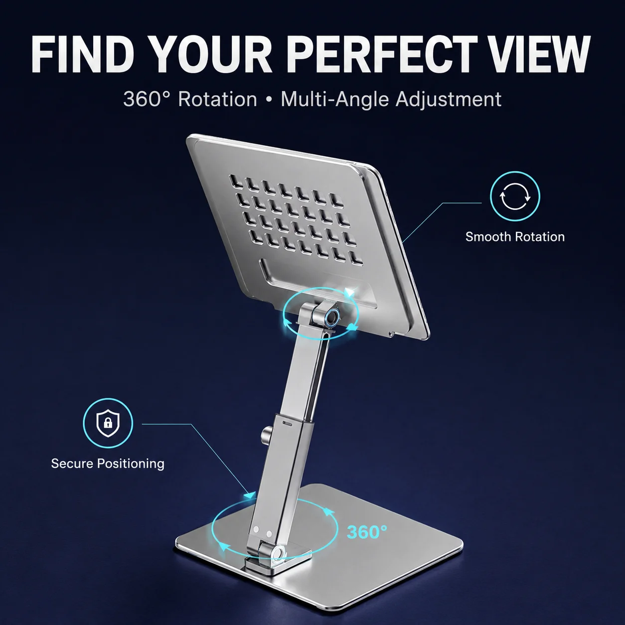 360° Rotating Aluminum Tablet Stand, Height & Angle Adjustable Desktop Holder for iPad, Office, Study and Streaming
