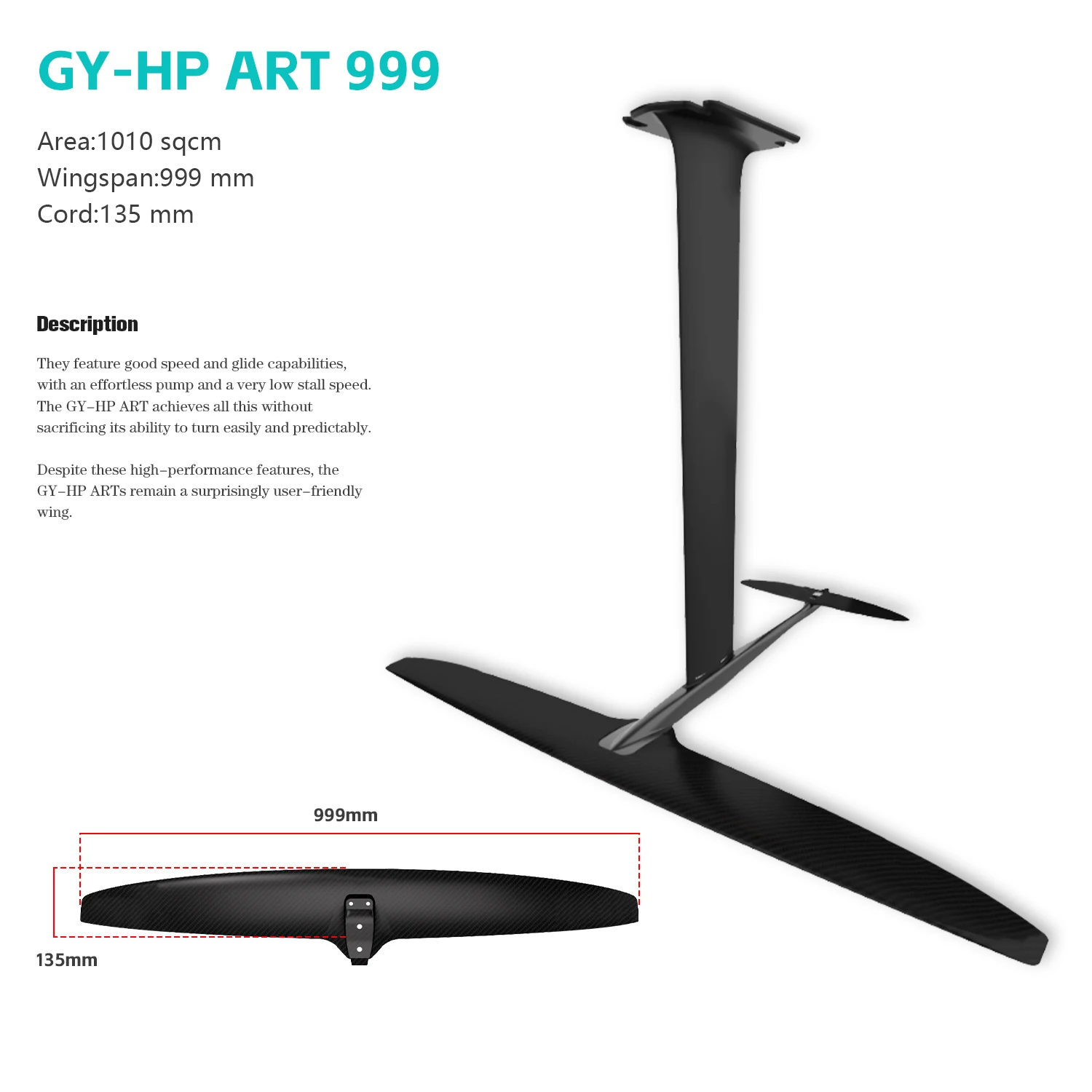 GY-ART999 High Performance Carbon Ultra-Light Hydrofoil Blade 1010sqcm Black No Logo for Kite Surfing 