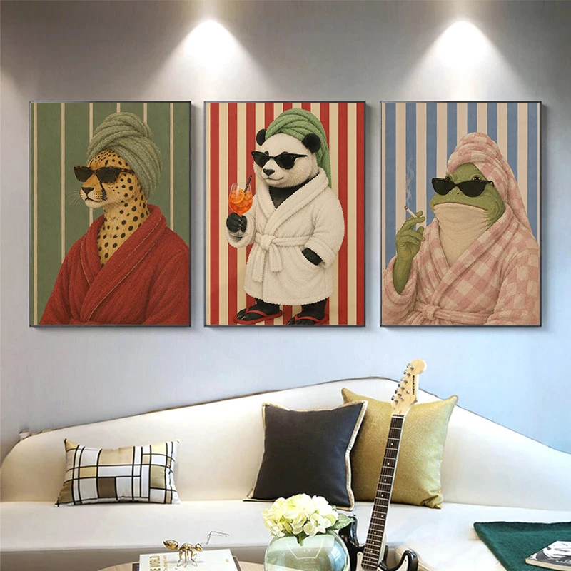 Funny Spa Cat Coastal Animals Posters Bathroom Bathrobe Modern Prints Canvas Painting Wall Art Pictures Home Living Room Decor