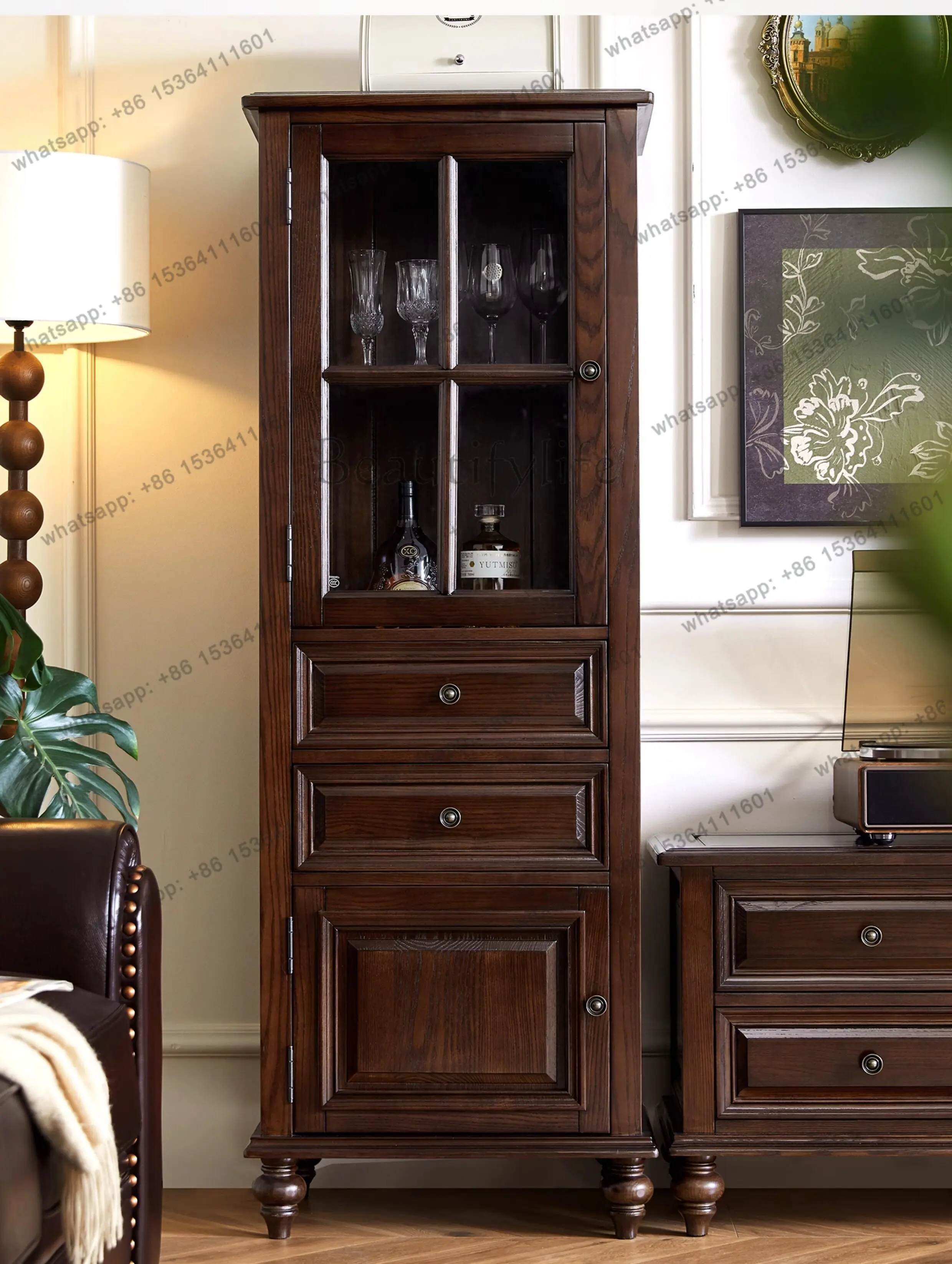 

American all-solid wood single-door wine cabinet rural light luxury living room storage cabinet ash wood furniture