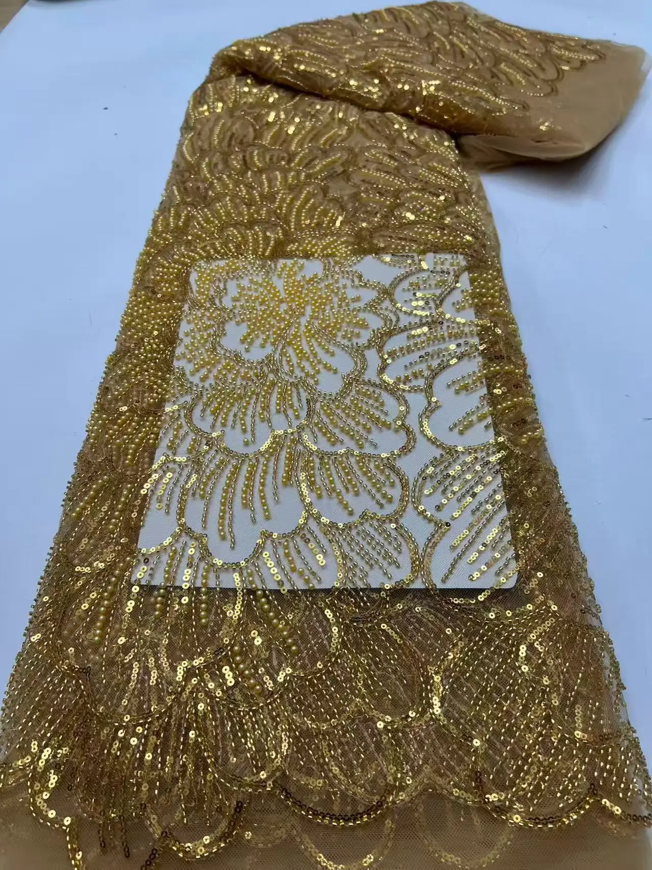 

New Arrival Gold Heavy Beads African Lace Fabric 2026 HIgh Quality Beaded Sequins French Lace Fabric For Wedding Dress KDP26114
