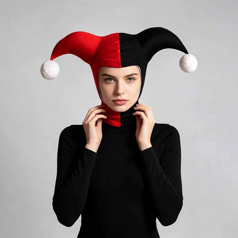 2026 Red and black colored fluffy ball clown headwear Halloween costume accessories funny clown hat for role-playing