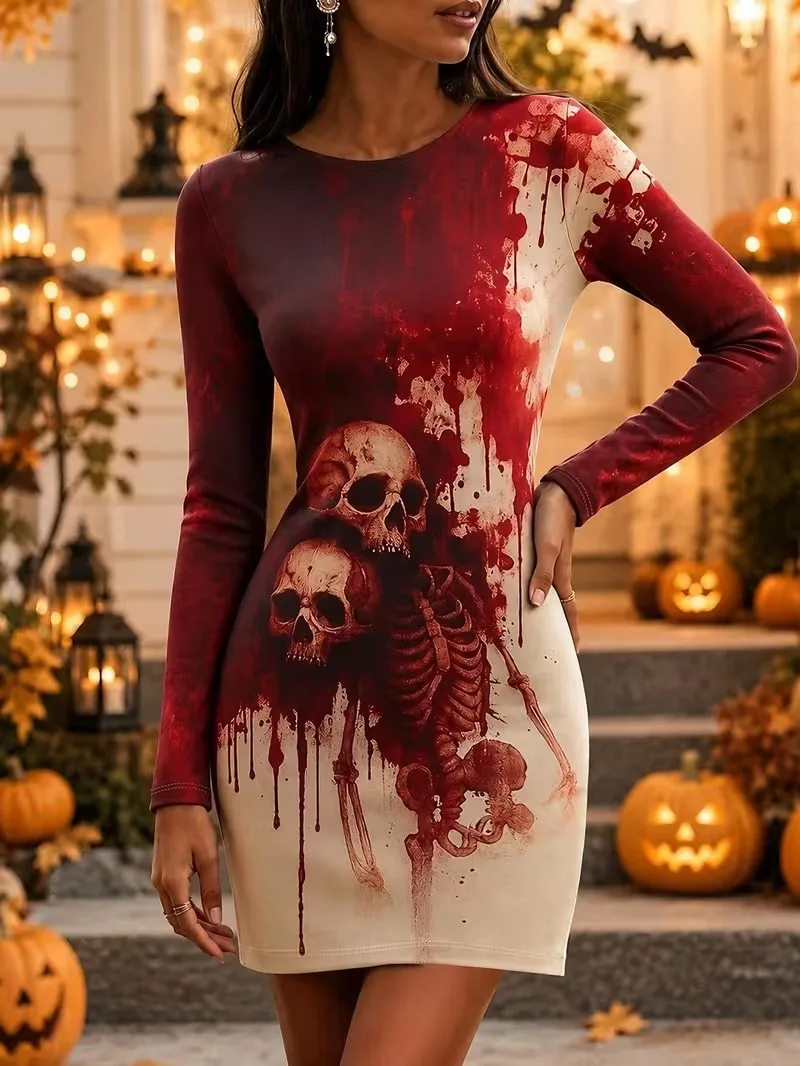 3D printed Halloween element pattern tight fitting dress, long sleeved round neck casual fashion slim fit women's clothing