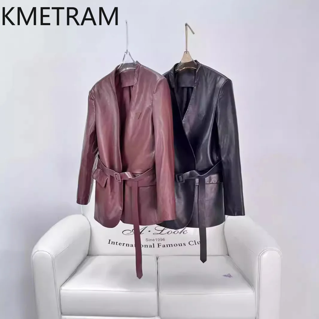 Chaqueta de piel de oveja 100% de piel auténtica para mujer, chaquetas de cuero burdeos con cuello en V y cinturón, ropa de moda de otoño e invierno 2024