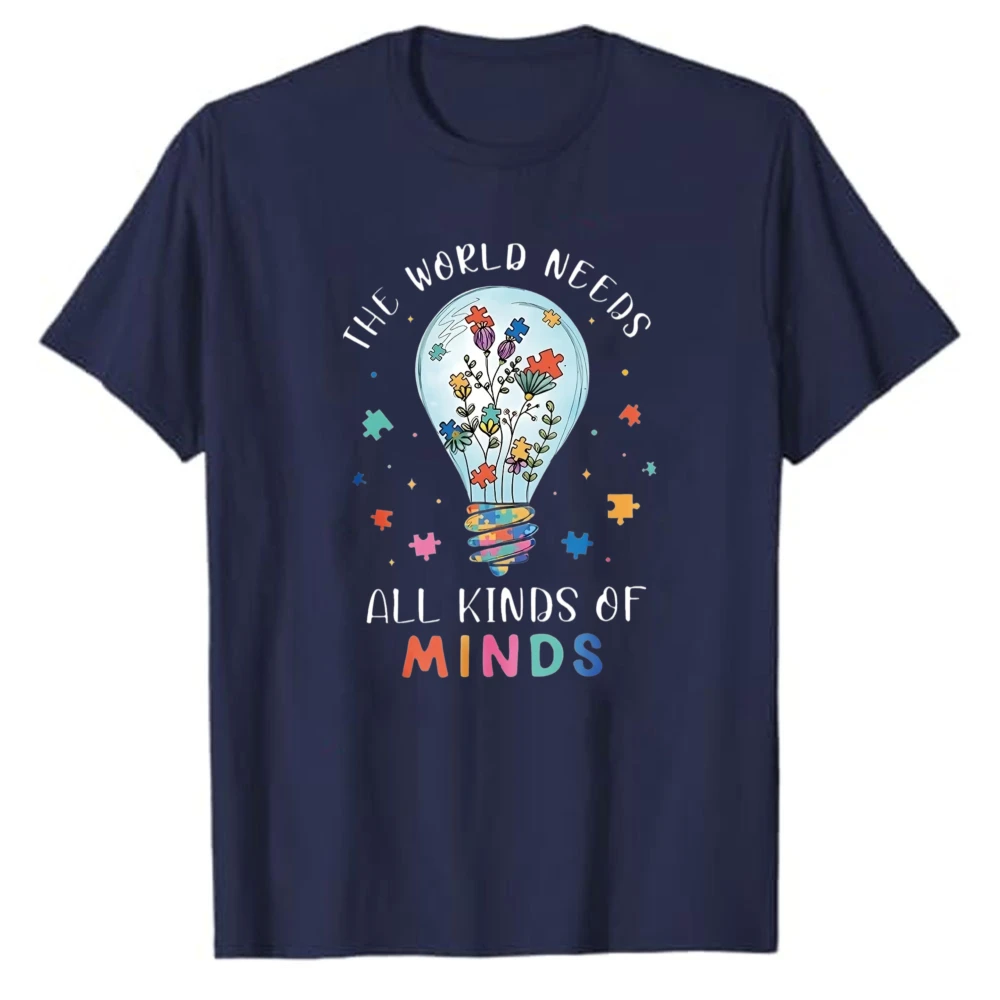 Unisex The World Needs All Kinds of Minds Graphic T‑Shirt Light Bulb Puzzle Piece Flower Autism Awareness Art Print Cotton Tees
