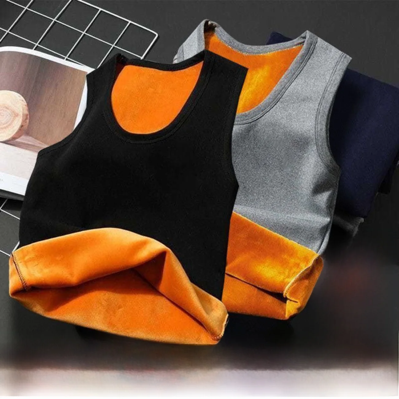 

Men's Fleece Lined Thickened Sleeveless Warm Vest Slim Fit Shoulder Pad Tight Inner Wear Base Shirt round Neck Color