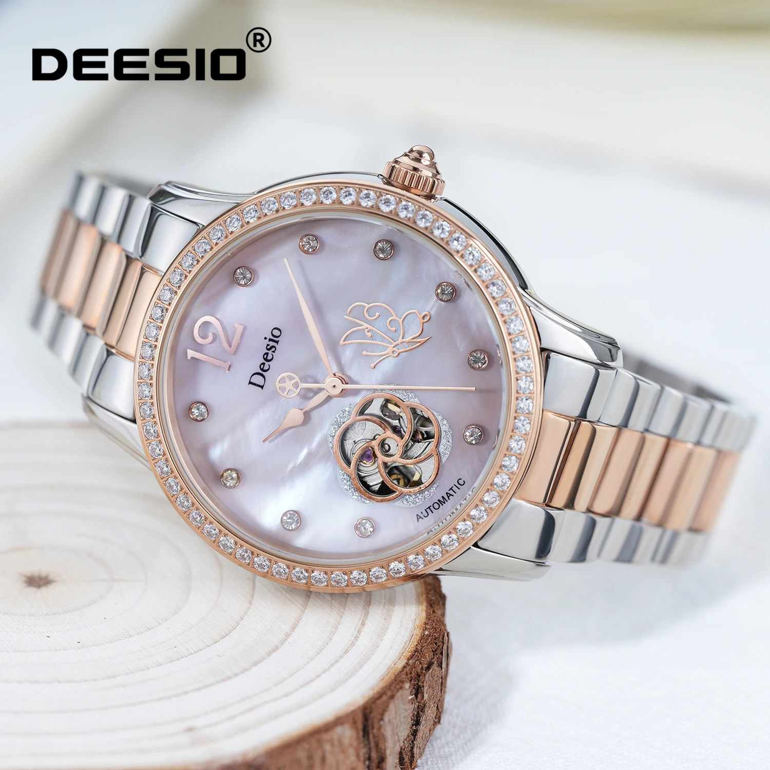 Deesio Skeleton Automatic Mechanical Watch for Women,50M Waterproof Luxury Dress Watch,Stainless Steel Case Butterfly Clasp Gift