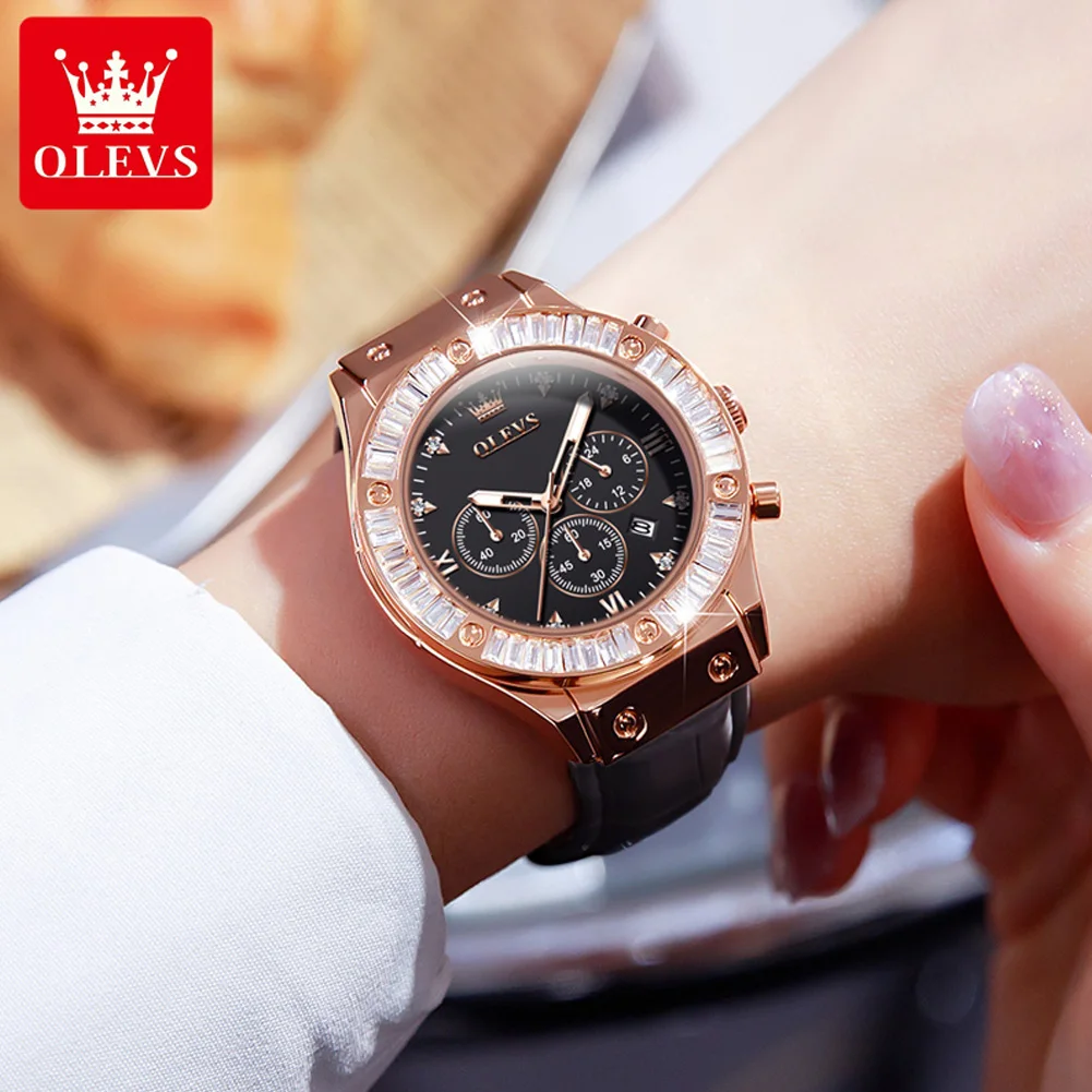 OLEVS Quartz Watch for Women Multifunction Diamond Dial Leather Strap Waterproof Chronograph Date Women\'s Watches 2024 Trend