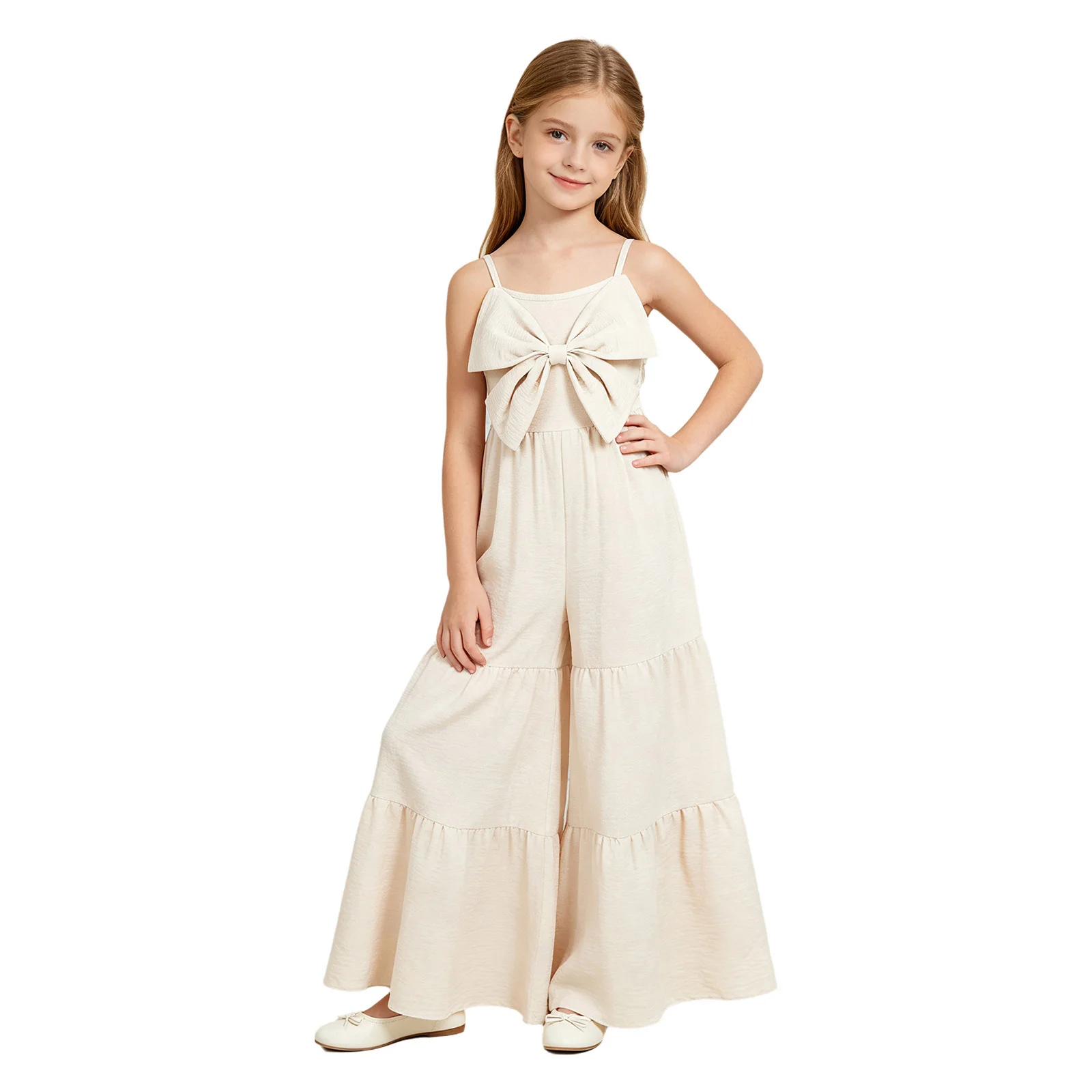 Girls Beach Vacation Holiday Outfit Fashion Bowknot Sleeveless Spaghetti Straps Ruffle Bell-bottom Pants Romper Kids Jumpsuits
