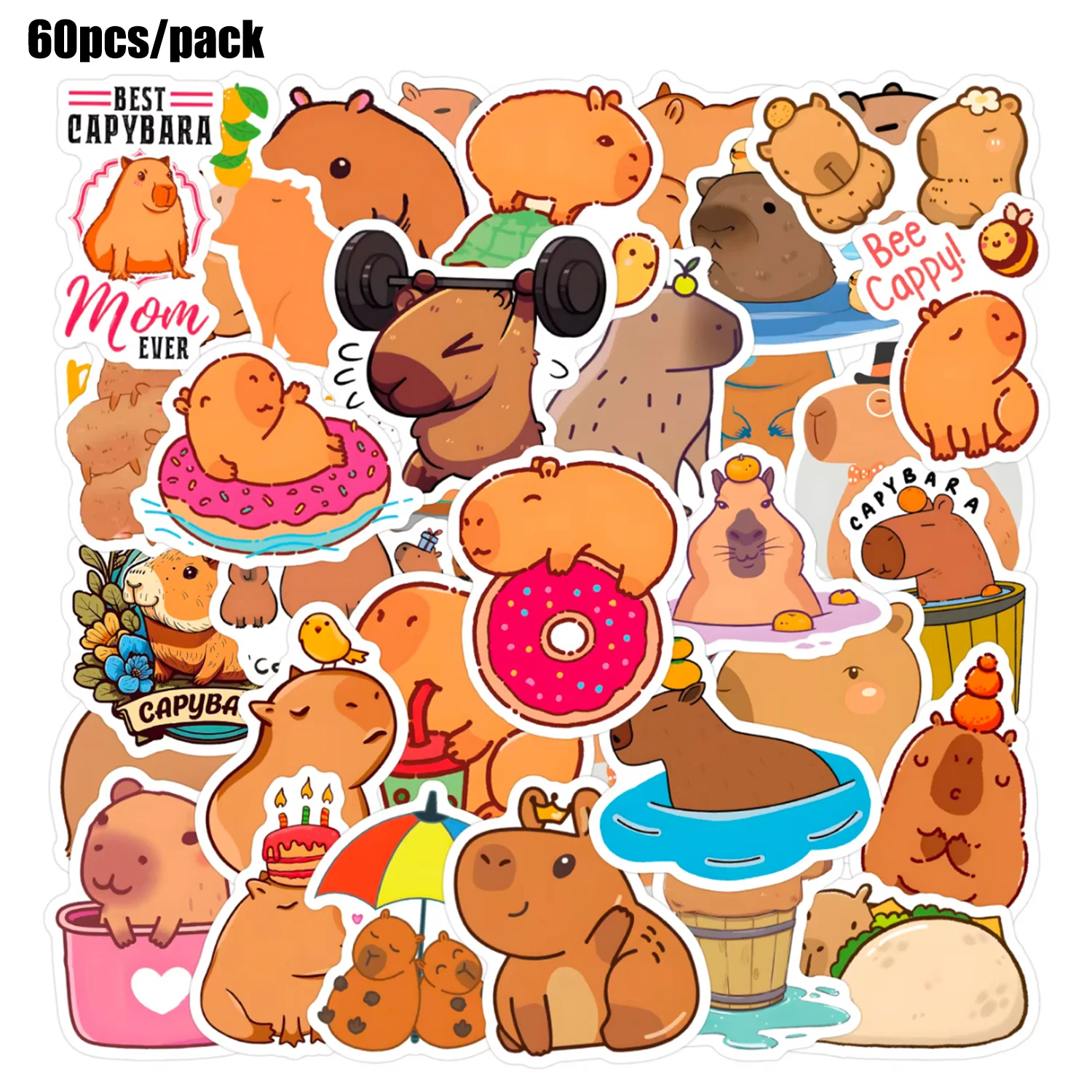 60pcs Cute Capybara Animals Graffiti Stickers DIY Phone Guitar Laptop Notebook Suitcase Cup Waterproof Sticker Party Supplies