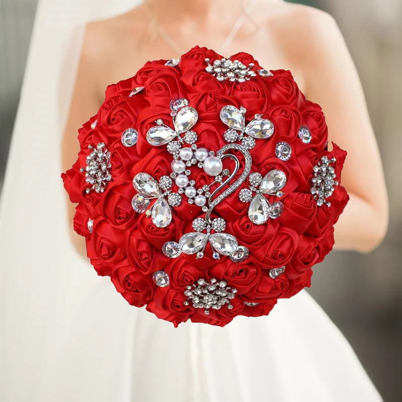 Red Wedding Bouquet Rhinestone Bride and Bridesmaid Hand Flowers Handmade Bridal Bouquet Wedding Party Decoration