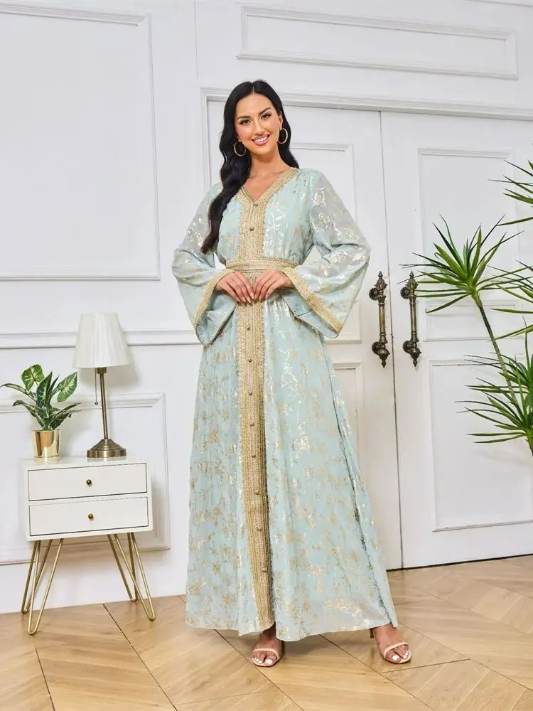 Arabic Caftan Formal Dress for Women Long Evening Dresses A Line Gold Lace Applique Elegant Party Gown