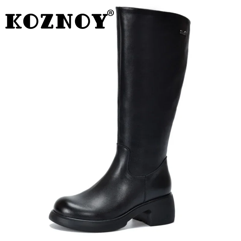 Koznoy 5.5cm Natural Cow Genuine Leather Microfiber Autumn Boots Spring High Top Mid Calf Knee High Booties Women Chimney Shoes