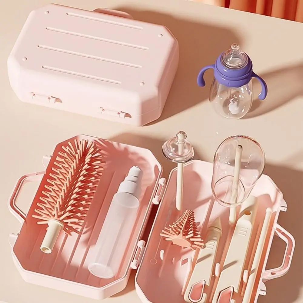 Conjunto de escova de garrafa de silicone portátil bebê fácil de limpar purificador de garrafa chupeta palha lavagem 6 em 1 rack de secagem de garrafa presentes