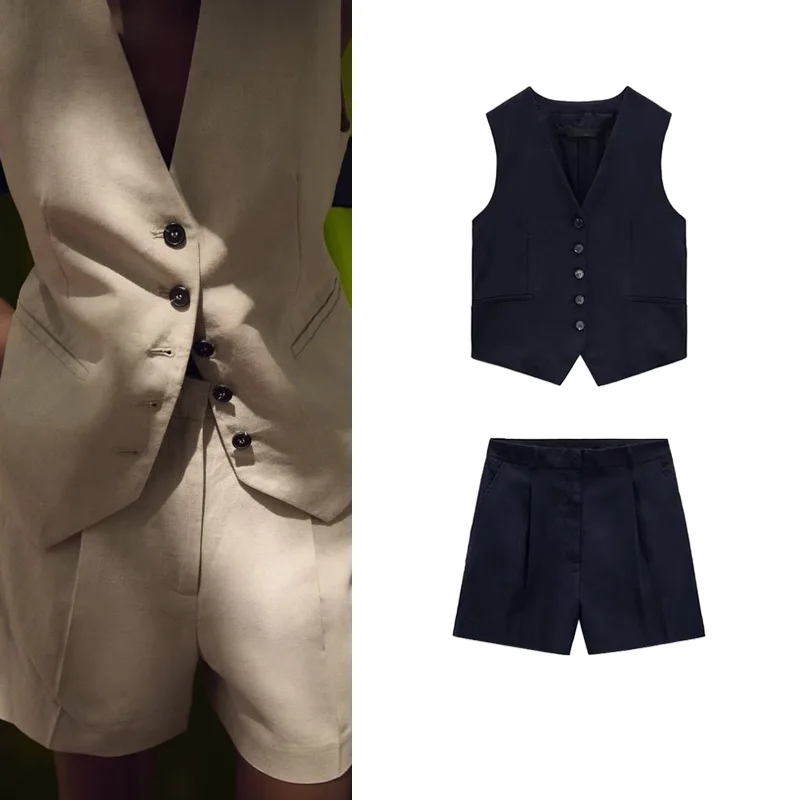 

Spring Commute Casual Mix ort Pants And Vest Two-Piece Set High Waist Comfortable Polyester Fabric for Women