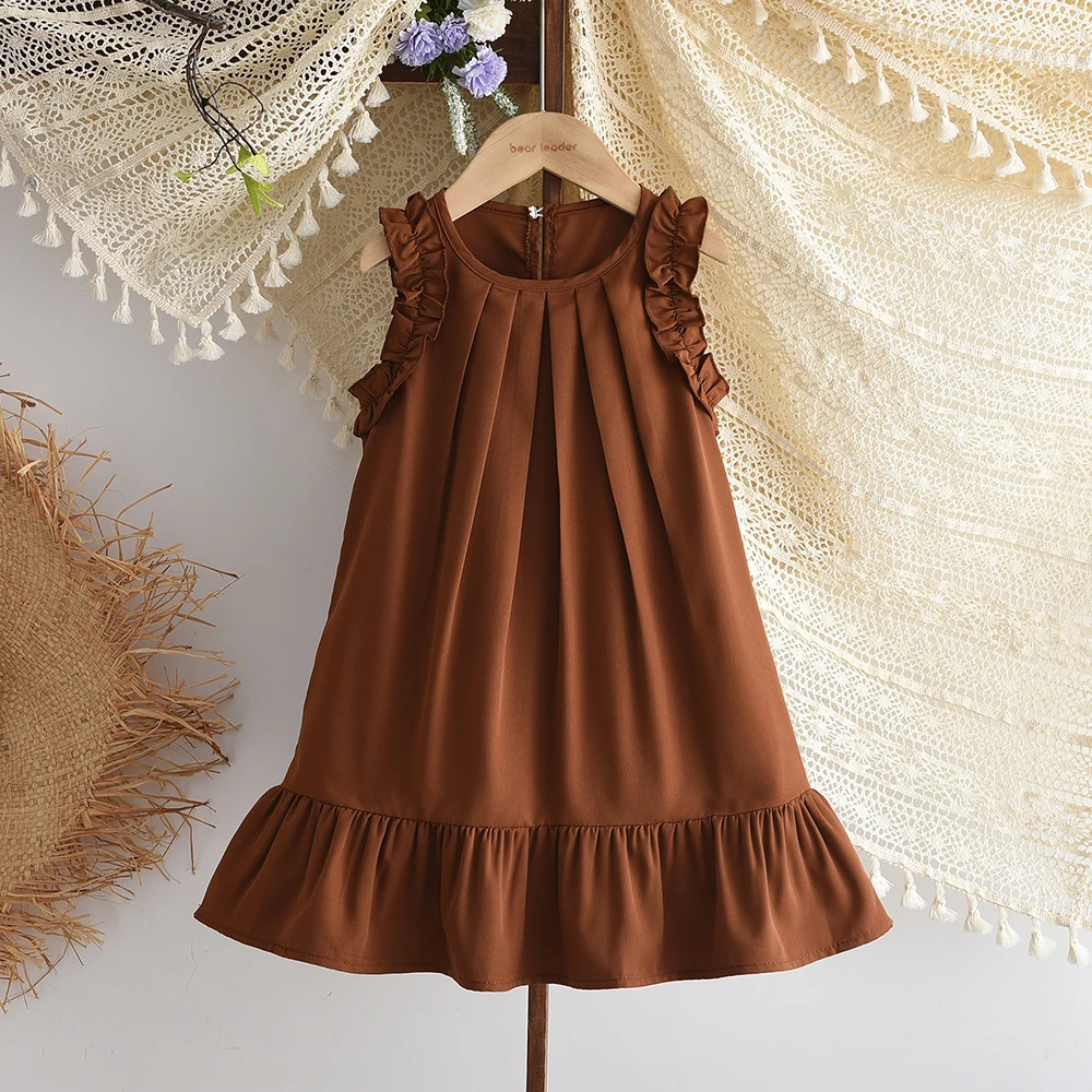Leisure Pastoral Style 2-7-year-old Girls' Casual Clothes Khaki Round Neck Sleeveless Pleated Dress Korean Version Summer New