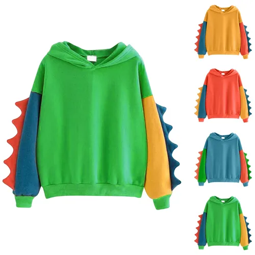 Imagen 2 del producto Sudaderas con capucha de dinosaurio para mujer, sudaderas holgadas con diseño de dinosaurio en contraste de Color sólido, cómodas y versátiles