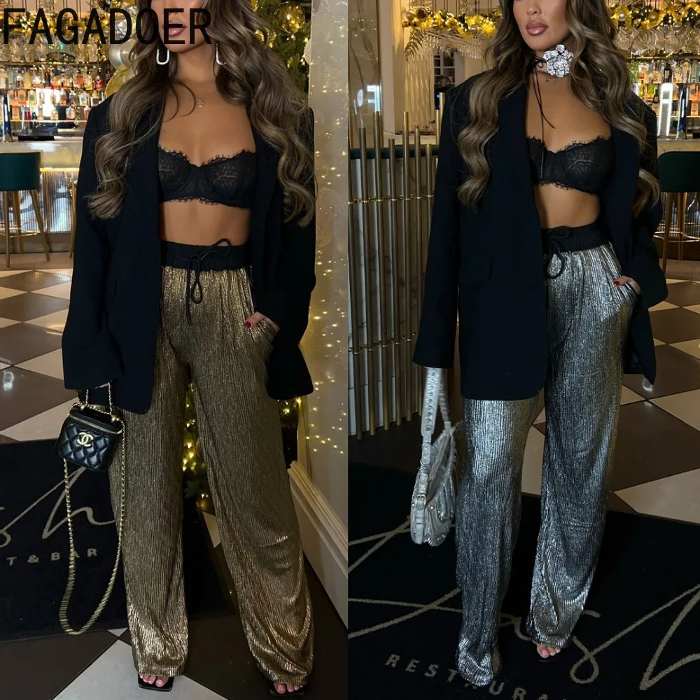 

FAGADOER Fashion Straight Shining Pleated Pants Women High Waisted Drawstring Lace Up Trousers Casual Female Party Club Bottoms