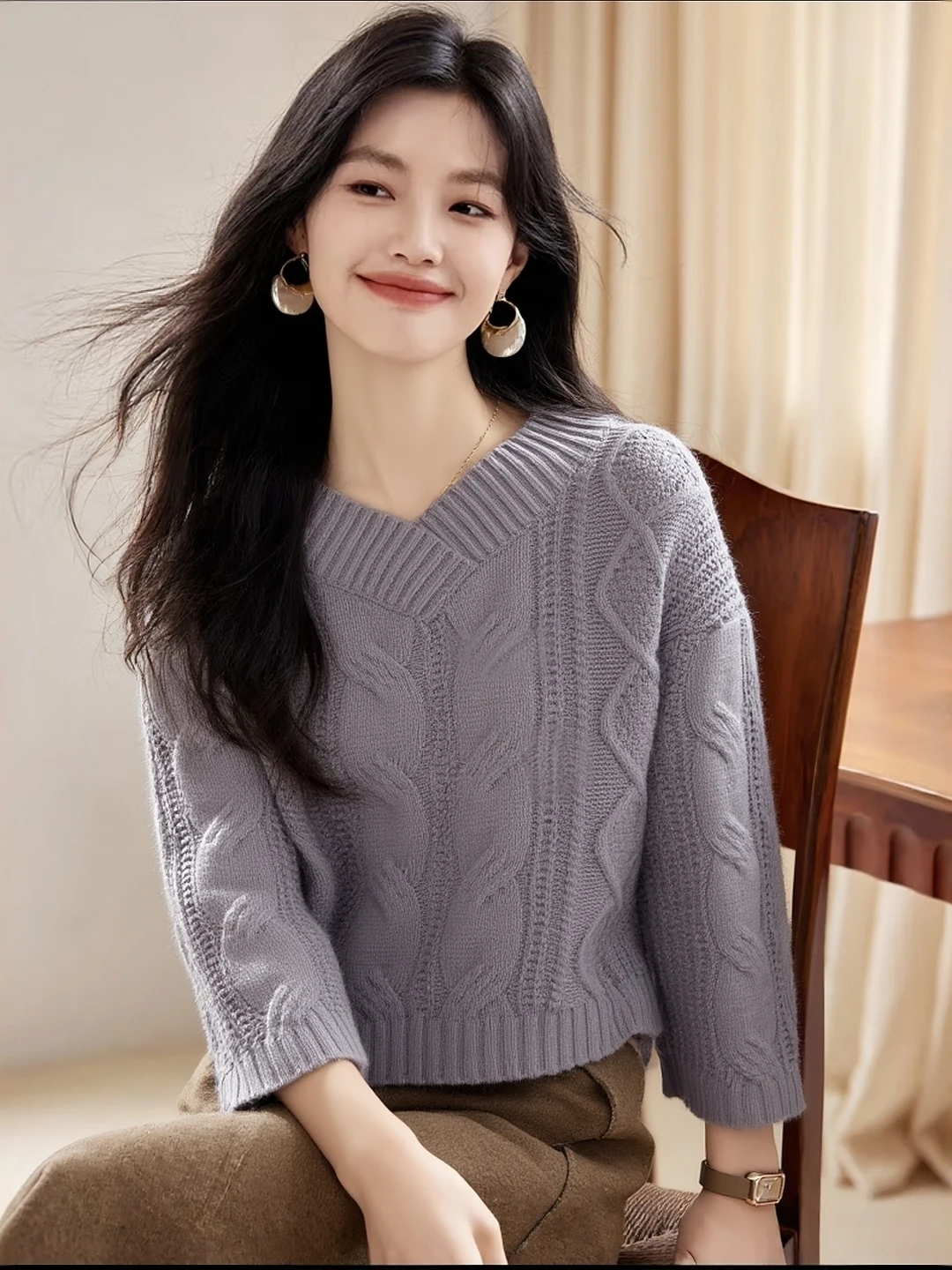 الخريف الشتاء سترة المرأة فضفاضة V-Ne عارضة تخفيف أعلى طويلة ort الجبهة با تصميم مريح محبوك