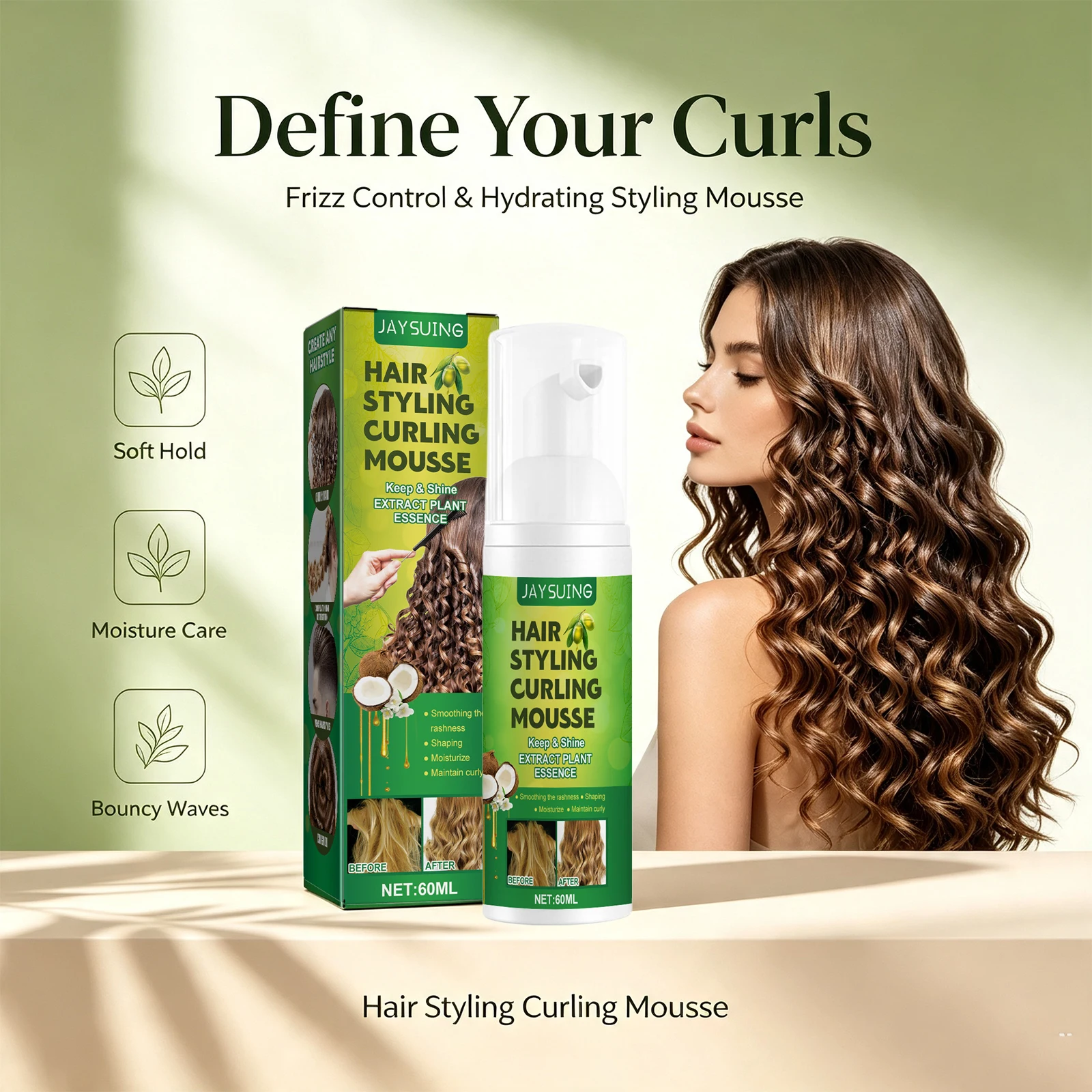 Hair Styling Curling Mousse Curl Defining Natural Volume Frizz Control Curl Mousse Smooth Moisturizing Hair Styling Foam 60ml