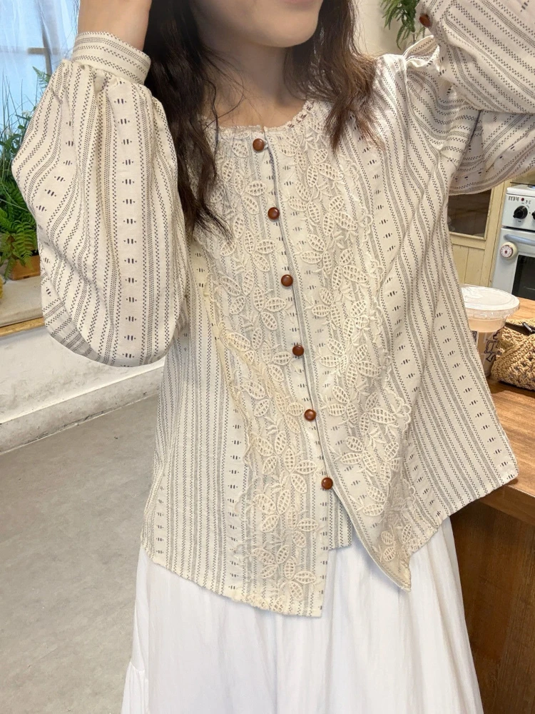 

French Retro Lace Patch Stripe Blouse 2025 Spring Summer New Women Long Sleeve Shirt Fashion Design Vintage Top