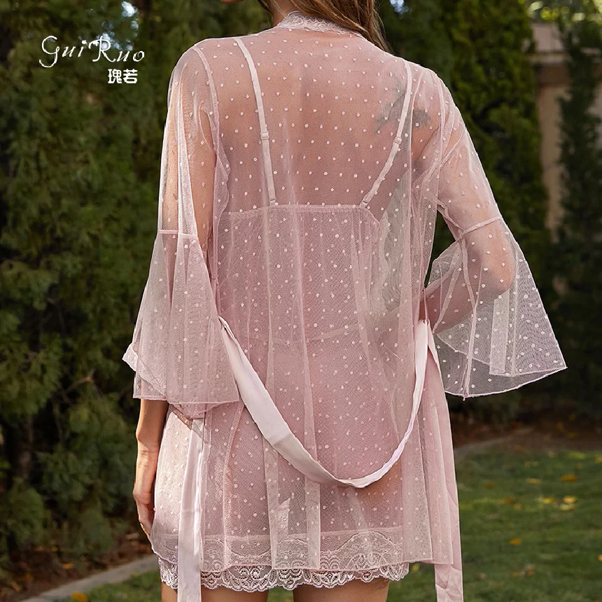 女性のセクシーなランジェリーシースルー水玉メッシュレース透明アウターローブホーム服セット