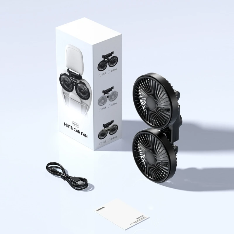 Car Fan For Rear Double Head USB Cooling Fan With Independent Speed Control 3 Speed LED Display 360 Degree Rotation Quiet