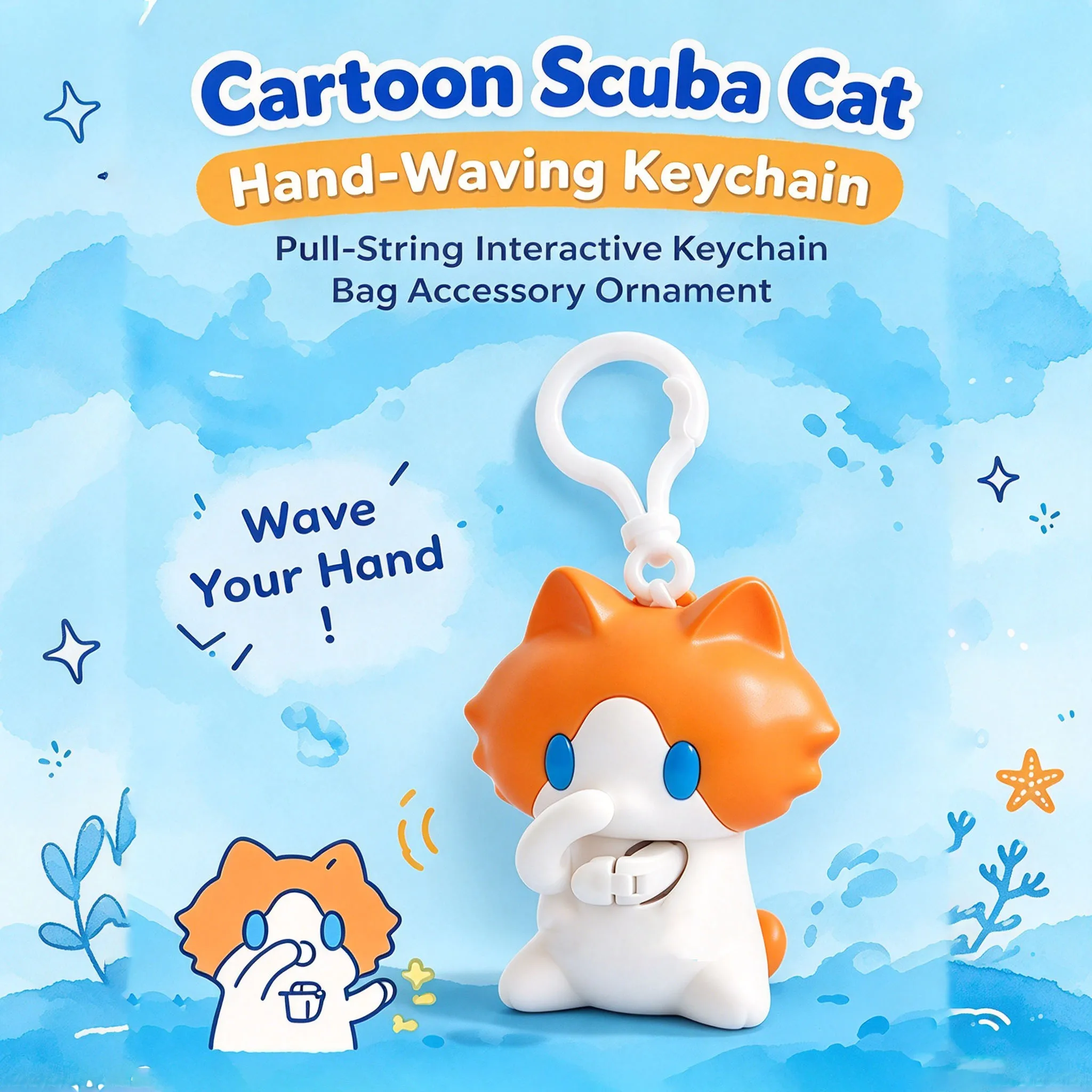 Kawaii  Scuba Cat Hand-Waving Keychain Monthly Salary Cat Pull-String Hand-Waving Interactive Keychain Bag Accessory Ornament