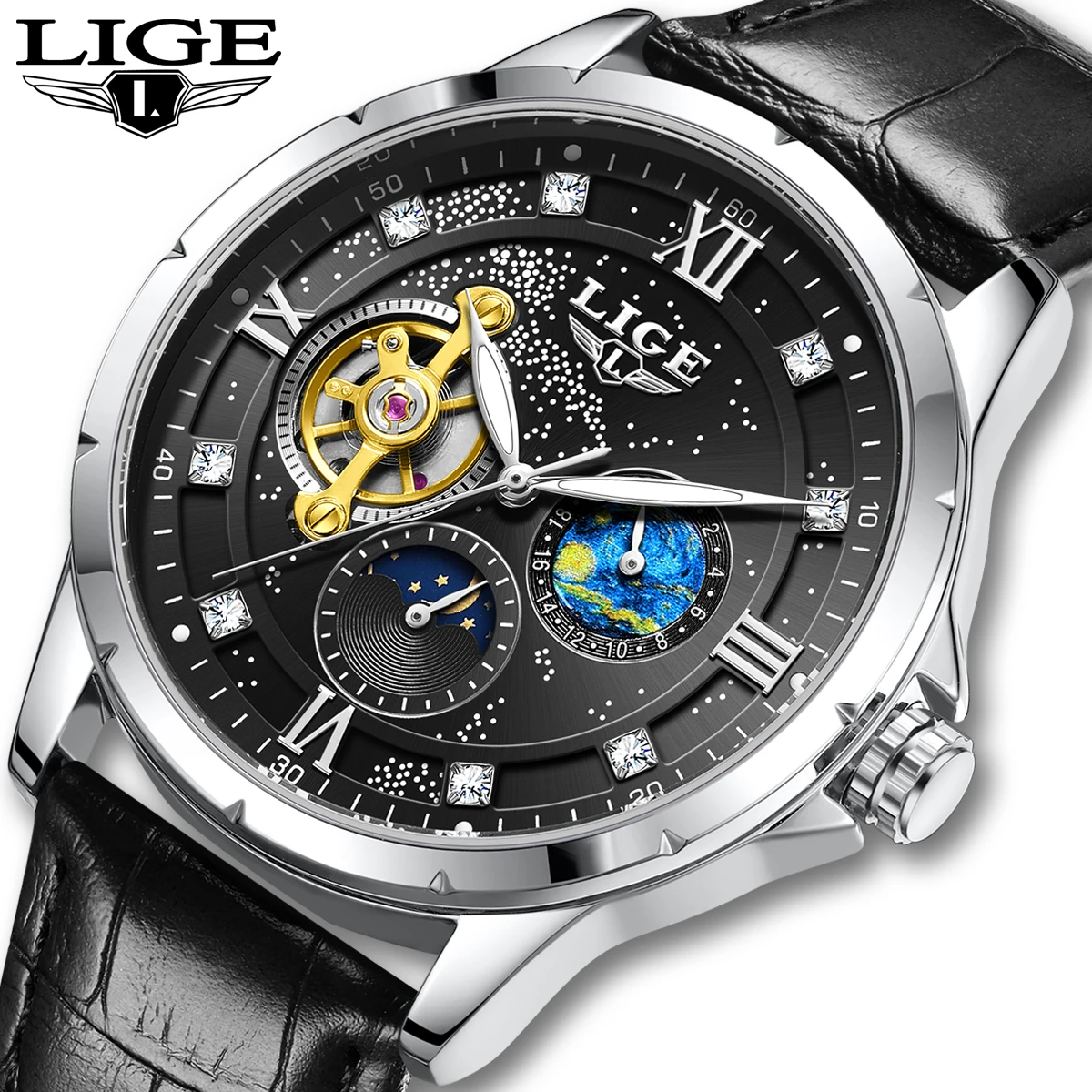 

LIGE оригинальные мужские часы модные звездные деловые механические мужские часы с фазой Луны роскошные водонепроницаемые часы с полой датой для мужчин