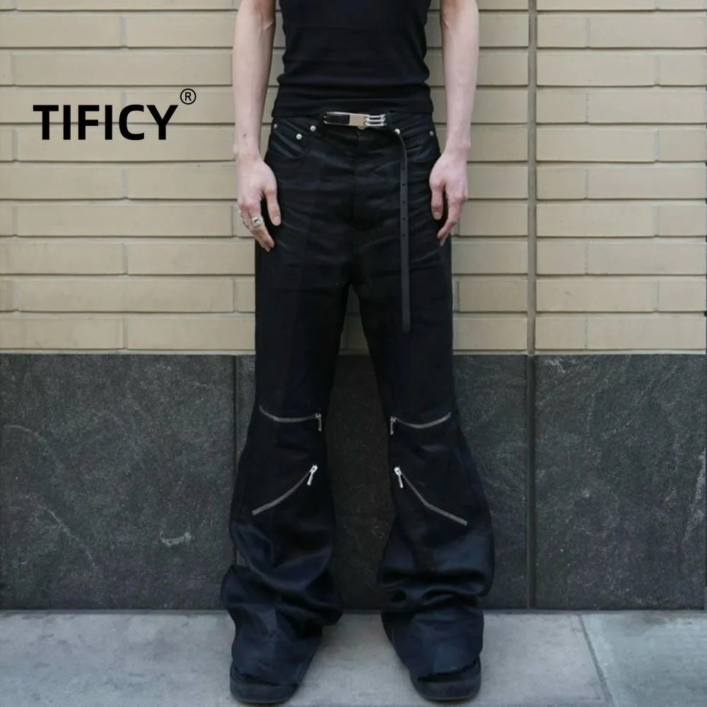 

High Street Dark Ro Style Pants Men's New Brushed Wax Coating Knee Zipper Slim Fit Micro Pull Down Floor Frayed Casual Pants