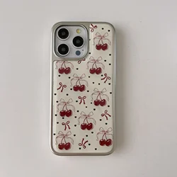 Korean INS Electroplated Frame Cherry & Bowknots Pattern Phone Case for iPhone 16 15 14 11 12 13 Pro Max Plus Back Cover