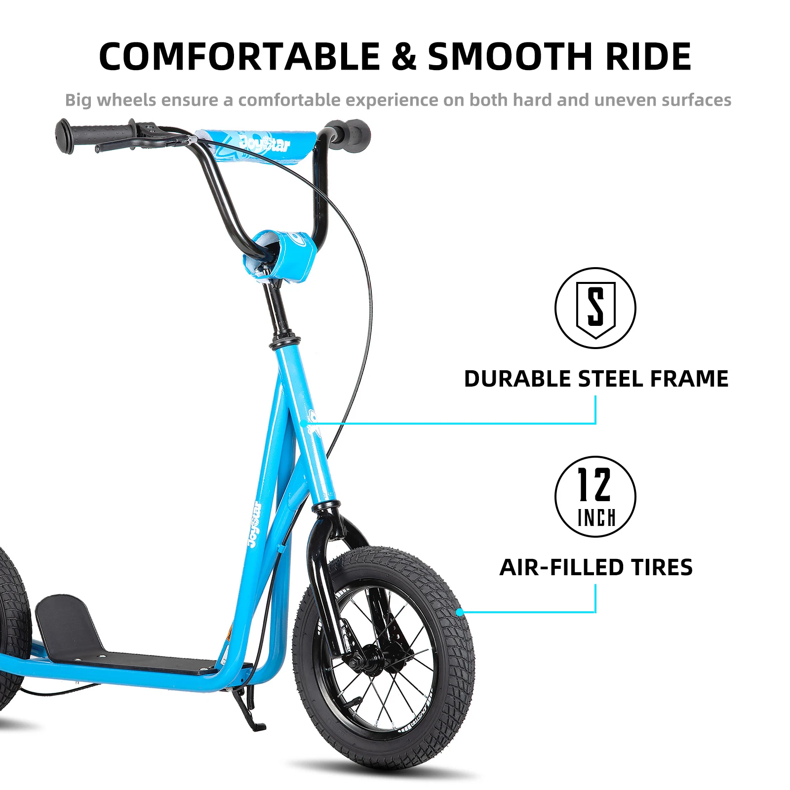 JOYSTAR Kick Scooter para crianças de 5 a 9 anos com roda dianteira e traseira de 12 polegadas, freio V traseiro e guiador ajustável, azul