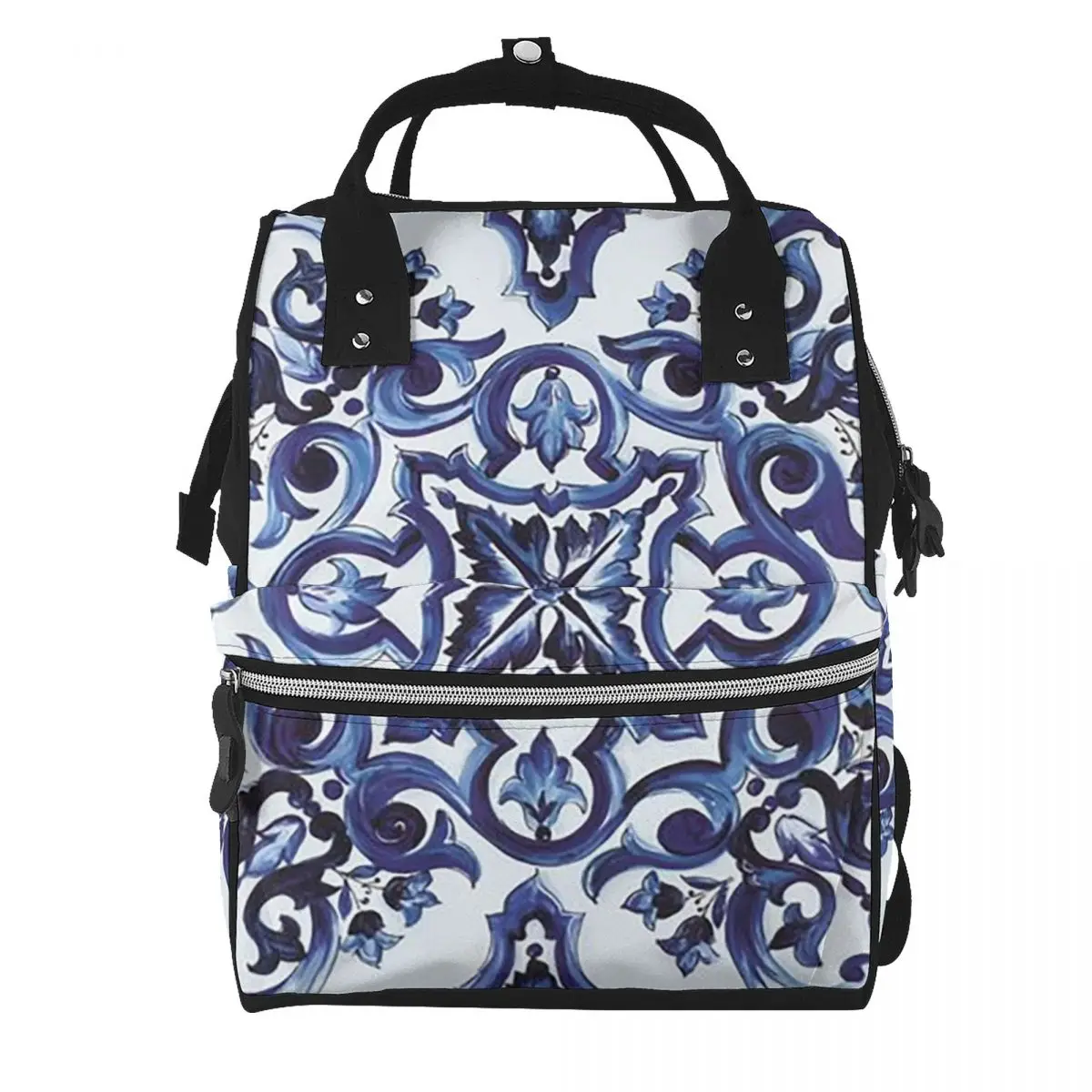 Blue Ornate Floral Mediterranean Sicilian Tile Student Backpack School Bag Daypack for Men Women Bookbag Shoulder Bags